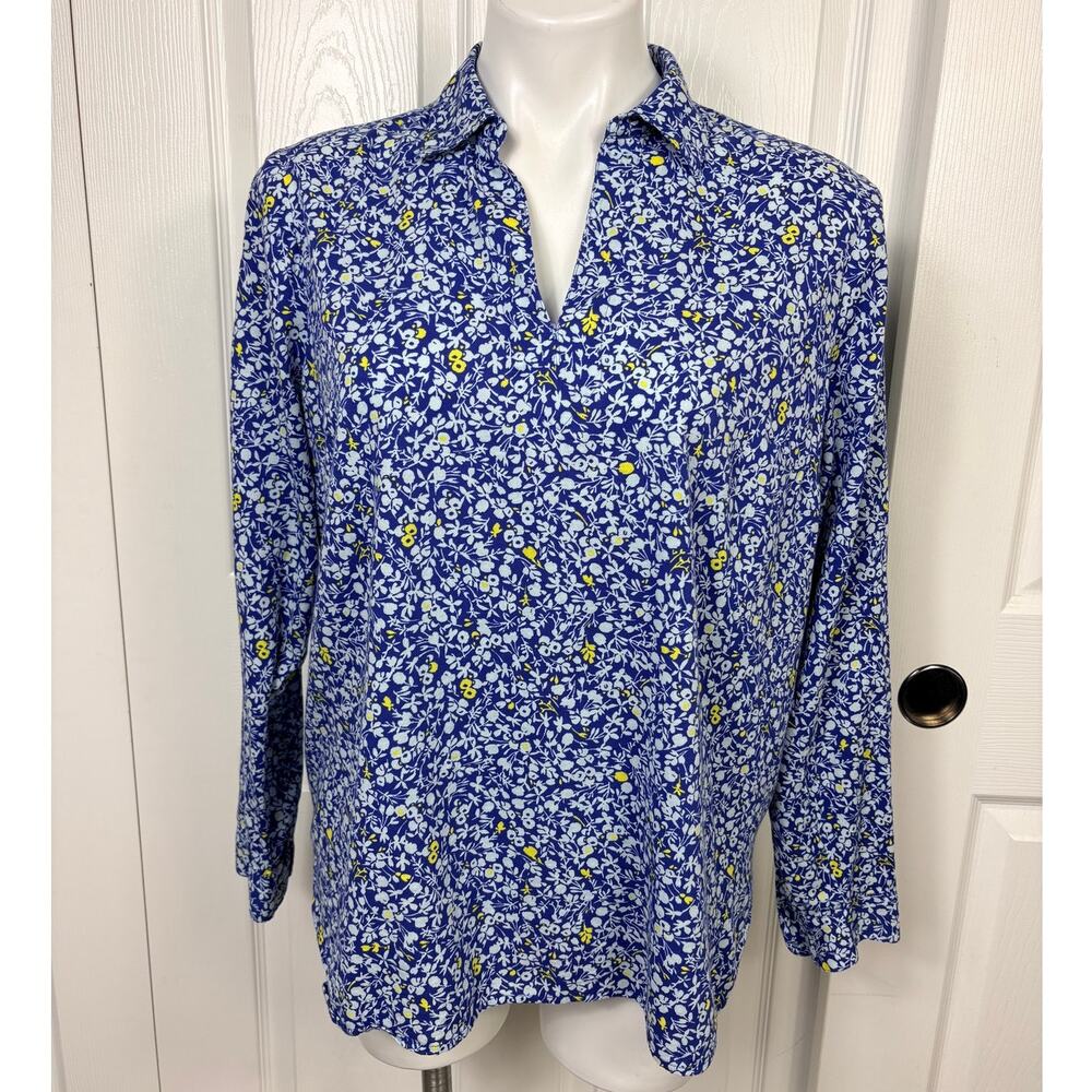 J. Jill Women's Blue Floral Split Neck Popover Blouse Long Sleeve Size M